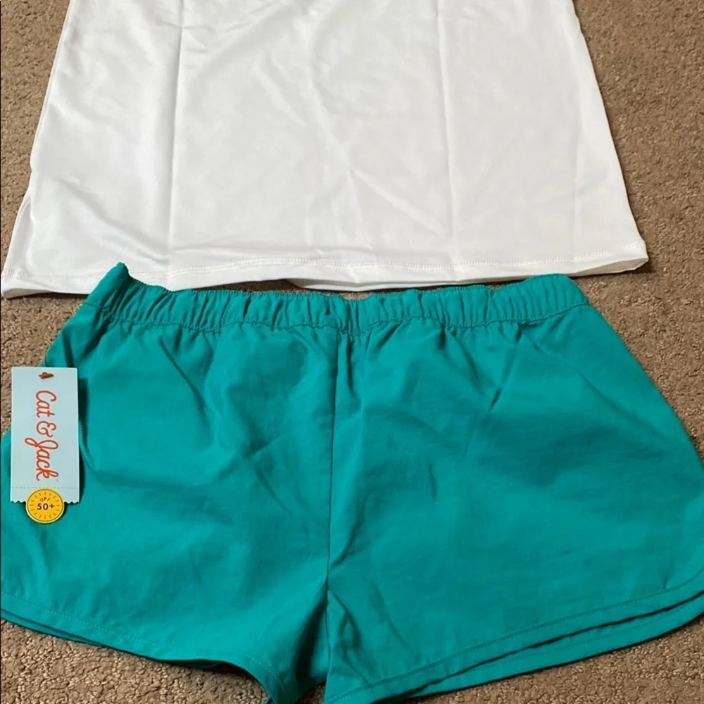 Girl’s White & Floral Top & Teal Shorts Set  7/8Plus UPF 50+ NWT Summer Beach